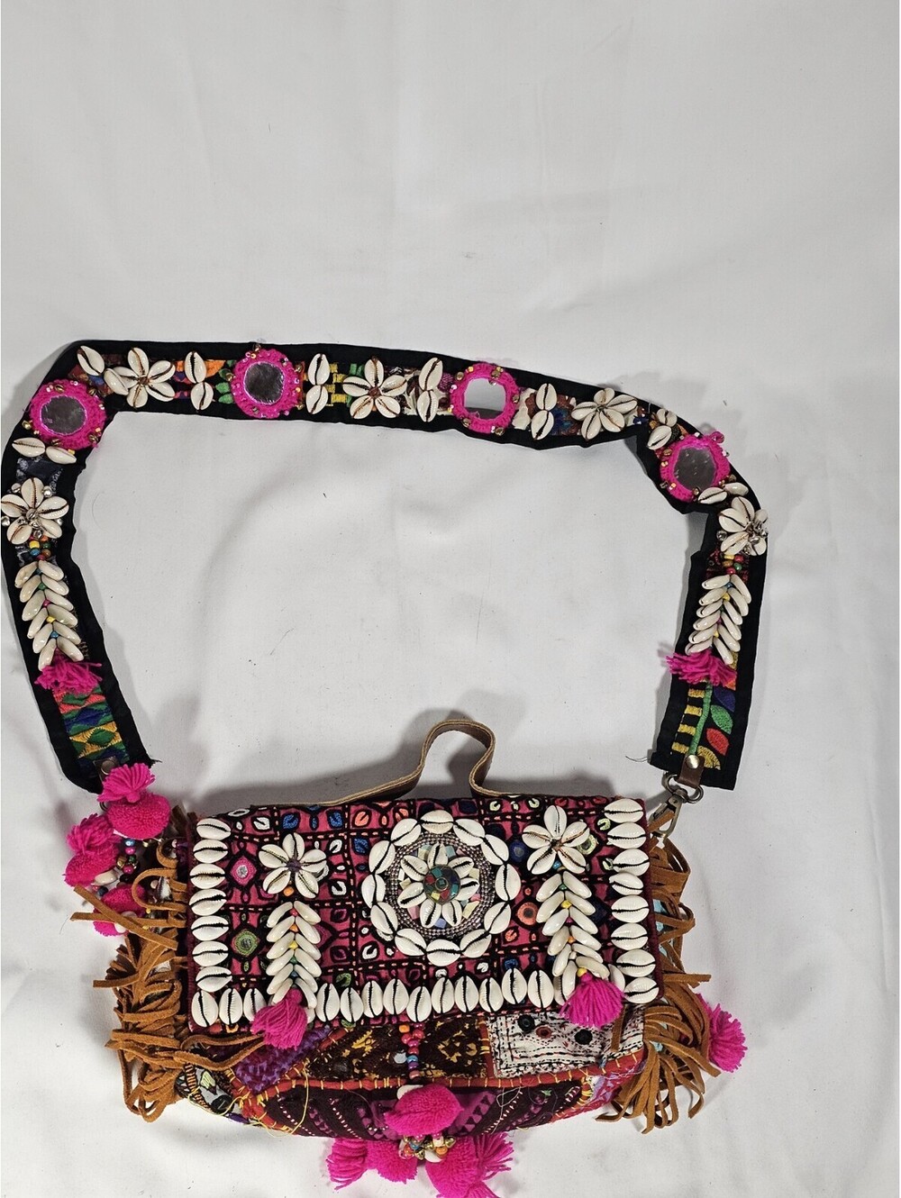 Handmade Boho Banjara Tribal Crossbody Purse Cowrie Shells Fringe Tassels Pink
